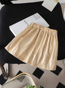 SHEIN 1pc Young Girl Casual Khaki-Colored Asymmetrical Pleated Skirt, Elastic Waist Skirt, Perfect For Commuting To School - Apricot - View 2