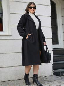 RueChic Abrigo de mujer con cuello abierto de solapa de algodón talla grande - Negro - Ver 6