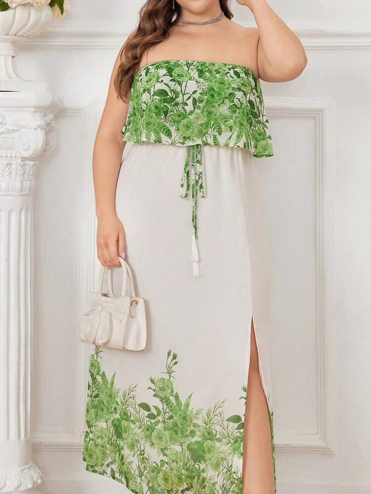 Plus Size Women's Fashionable Green Printed Strapless Slit Dress