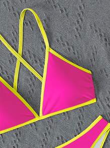 SHEIN Swim Bãi biển mùa hè dành cho nữ Tương phản neon Viền chéo lưng Bộ bikini dây gợi cảm Bộ đồ tắm - Màu Hồng Tươi - Xem 6