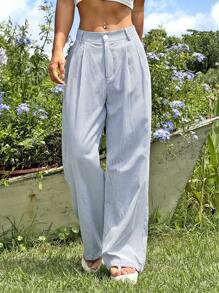 SHEIN EZwear Pantalones rectos con estampado de rayas y cremallera, para conjuntos de verano