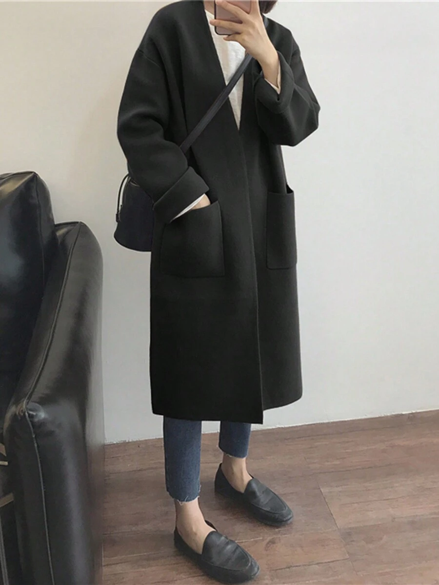 Minimalist Artistic Atmosphere Mid-Length Cardigan - Black - View 1