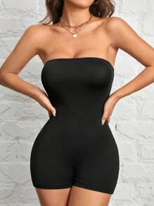 SHEIN PETITE Casual Simple Black Sleeveless Short Sexy Jumpsuit Women's Unitard Suitable For Summer