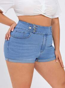 大尺碼女士時尚牛仔短褲，設有彈性腰部設計 - 藍色 - 查看 4