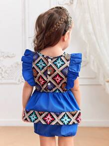 Ensemble de 2 pièces pour fille bébé, top imprimé rétro bleu conservateur et élégant et shorts avec détail de ruban tissé en or, tenues décontractées d'été - Multicolore - Voir 2