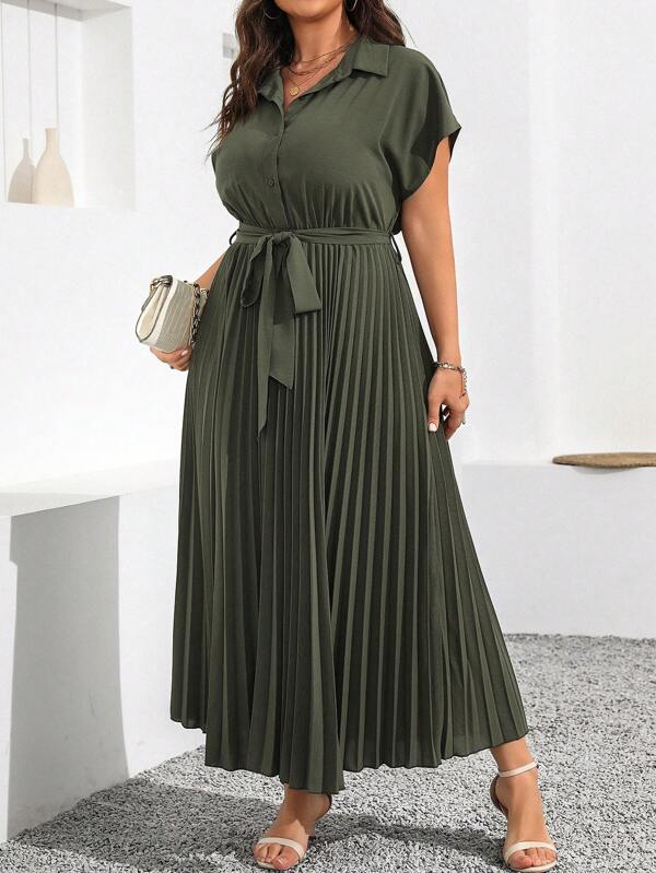 Franclia Große Größen Sommer Lässig einfarbig Fledermausärmel Kleid mit plissiertem Saum Damen Outfit