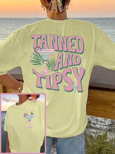 INAWLY 超大 T 恤，夏季海滩晒伤 Tipsy 衬衫 TANNED AND TIPSY 图案 T 恤女式上衣