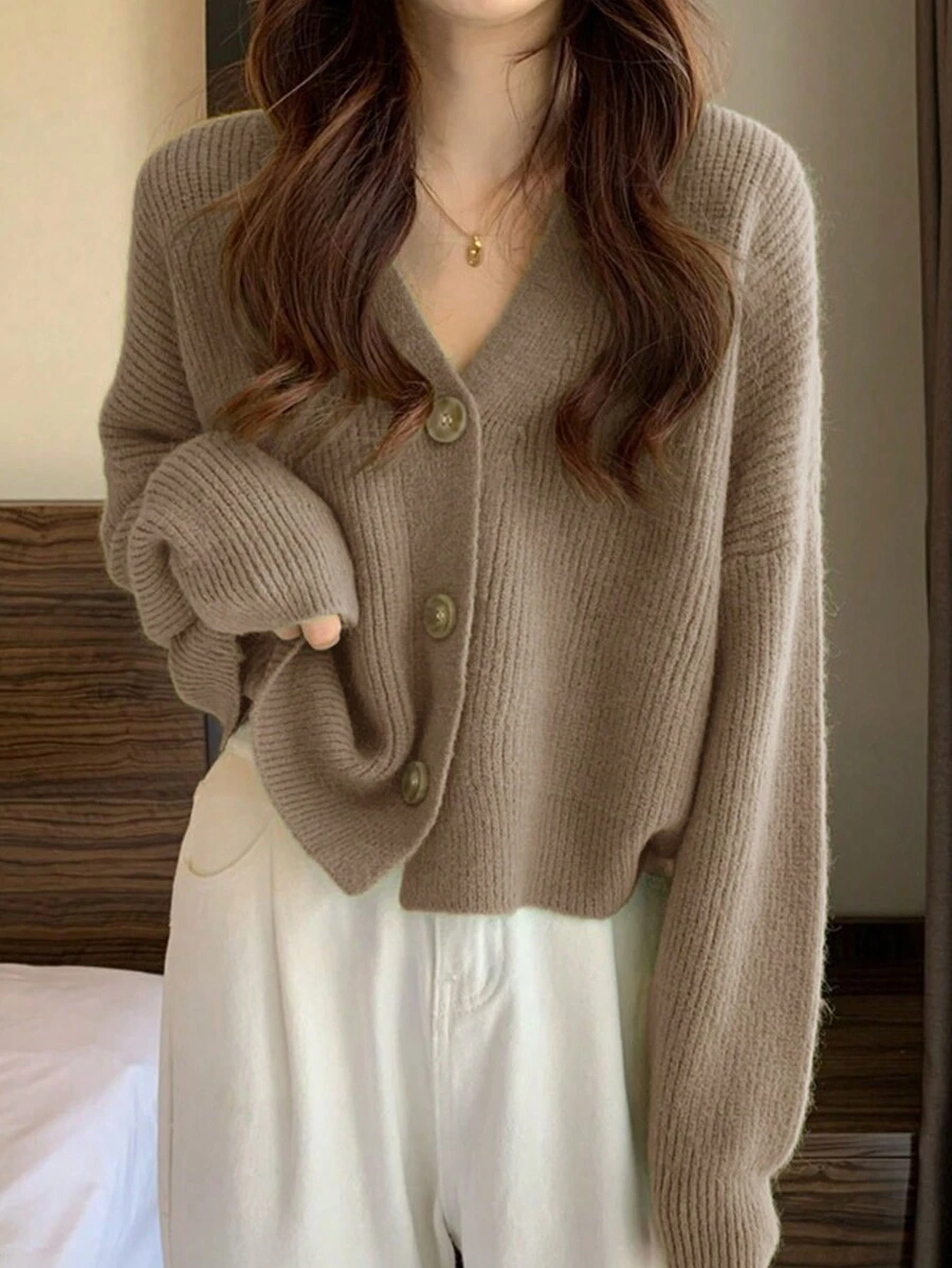 Solid Color Classic And Simple V-Neck Cardigan With Front Button And Long Sleeves,Long Sleeve Tops Casual - Khaki - View 1