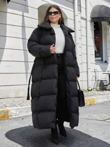 EURMUSE Plus Casaco longo feminino com cinto e cor sólida, para o inverno - Preto - Ver 5