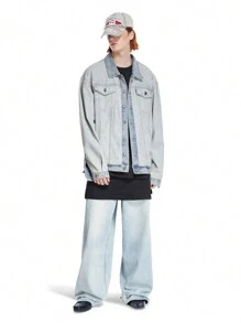 Manfinity Hypemode 男式褪色复古浅蓝色破洞牛仔大码夹克 - 水鴨藍 - 查看 8