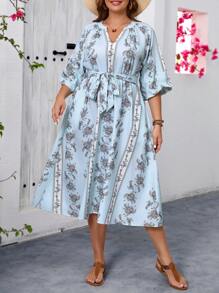 SHEIN VCAY Plus Size Vacation Sky-Blue Retro Printed Women's Summer Dress, Teacher Clothes - Multicolor - View 5