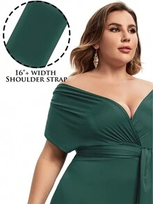 Plus Size Women Off-Shoulder Ruched Long Dress Elegant Summer - Green - View 3