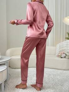 Conjunto de pijama de manga larga con pantalones de mujer con ribete de contraste de color - Rosa vieja - Ver 2