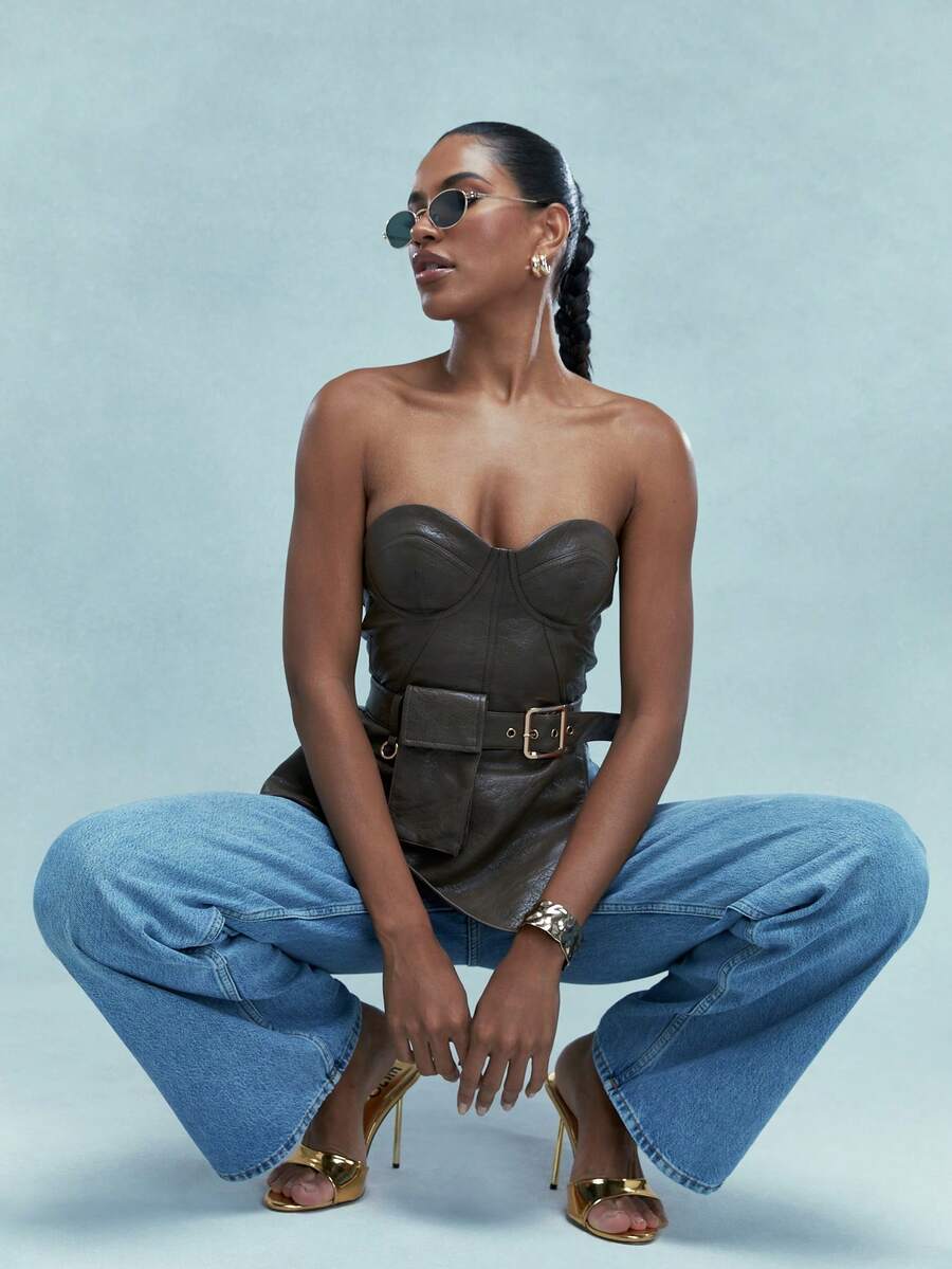 MISSGUIDED Asymmetric Hem Faux Leather Bandeau Top With Belt And Purse