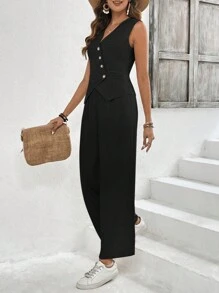 SHEIN Frenchy 女士前扣无袖条纹休闲衬衫，女式办公室套装，冬季女装，秋季服装，白色女式衬衫 - 黑色 - 查看 5