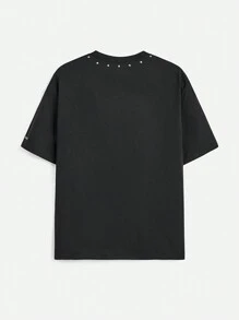 Manfinity RebelGame 男士寬鬆短袖針織T卹，夏季鑽石綴飾 - 黑色 - 查看 2