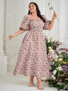Modelyn Plus Size Women's Fashionable And Elegant Printed Waist Cinched Puff Sleeve Dress Long Evening Dresses - Pink - View 3