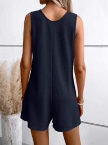 SHEIN LUNE Mono sin mangas de mujer con botones y bolsillos de unicolor, para el verano - Azul Marino - Ver 2