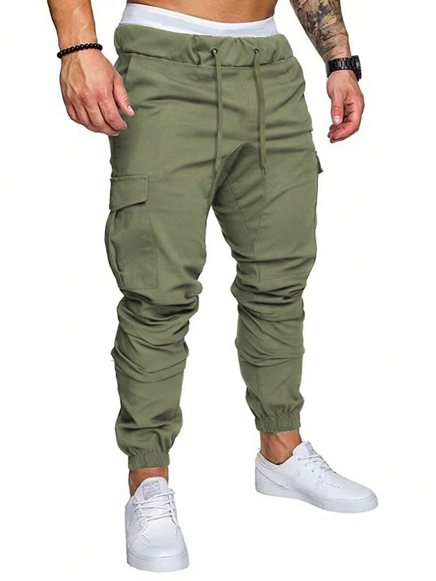 Manfinity Homme Pantalones casuales diarios de unicolor simple para hombres, para el otoño - Verde militar - Ver 1