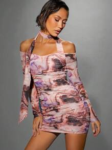 Hauture Đầm trễ vai in họa tiết đá cẩm thạch - Nhiều màu - Xem 6