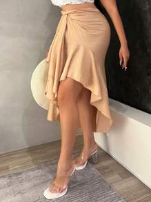 SHEIN Clasi 大尺碼純色扭結不對稱縫製夏季假日裙