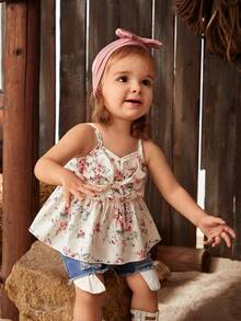 SHEIN 2入組嬰兒女孩優雅蝴蝶與花卉設計米色坦克背心和牛仔褲套裝，適用於春夏季 - 彩色 - 查看 5