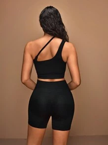 SHEIN Sports Ensemble de sport pour femme avec haut à une épaule de couleur unie et short simple