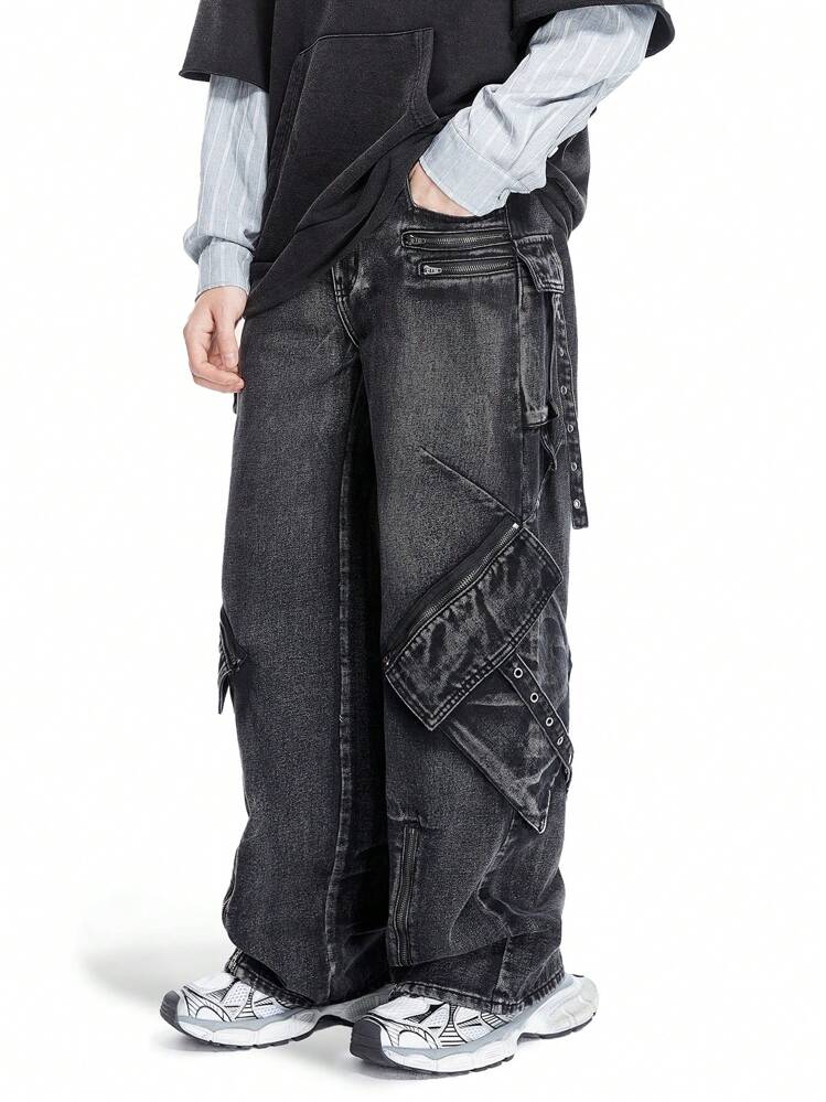 Manfinity EMRG Men's Black Washed Denim Carpenter Baggy Jeans