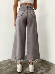 EURMUSE 100%Cotton Women Casual Ripped Wide Leg Jeans - Dark Grey - View 2