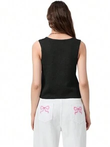 Chaleco de punto para mujer de verano con dobladillo acanalado, hueco y de unicolor - Negro - Ver 2