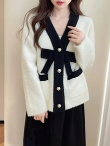 女士蝴蝶结点缀拼色长袖休闲夹克 - 米色 - 查看 4