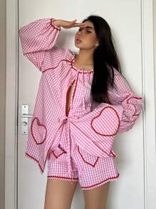 SHEIN Essnce 2024年夏季女性超級熱門粉白相間的寬鬆愛心裝飾編織腰帶蝴蝶結衫及短褲 2件套可愛套裝，適用於女士 - 粉色 - 查看 4