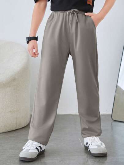 SHEIN 舒適彈性腰實色闊腿長褲，適合青少年男孩