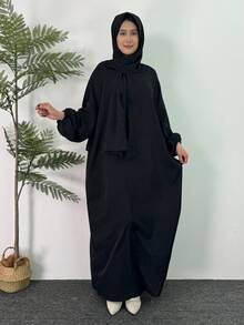 Váy cầu nguyện khiêm tốn có mũ trùm đầu tay áo xếp nếp cho nữ áo choàng dài tay màu trơn abaya váy Ả Rập - màu đen - Xem 3