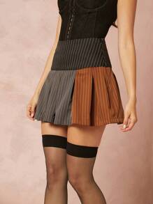 Hauture Colorblock Pinstripe Pleated Skirt - Multicolor - View 7