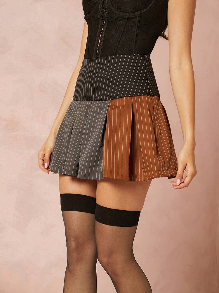 Colorblock Pinstripe Pleated Skirt