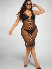 Hauture Lace Up Mesh Dress With Lingerie Set - Black - View 1