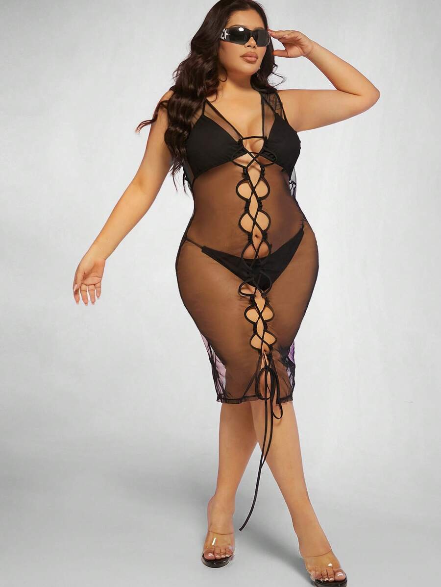 Hauture Lace Up Mesh Dress With Lingerie Set - Black - View 1