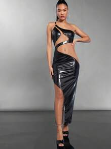 Hauture One Shoulder Mesh Panel Patent Dress - Multicolor - View 1