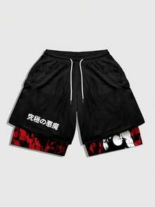 ROMWE MEN Anime Pantalones cortos casuales con estampado de personajes de dibujos animados y cordón en la cintura para hombre, escuela - Negro - Ver 5