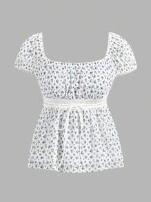 SHEIN EZwear 女款藍色小花短袖度假T卹，方領設計，白底 - 彩色 - 查看 1