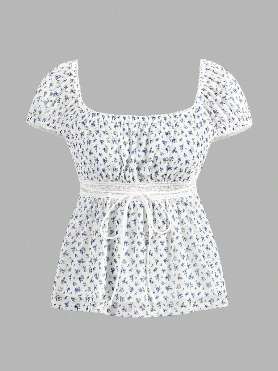 SHEIN EZwear 女款藍色小花短袖度假T卹，方領設計，白底 - 彩色 - 查看 1