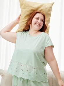 LUVLETTE Women Plus Green Wedding Essential Soft Cotton Embroidered Airy Pajama Sets Lounge Set For Women Lingerie As Outerwear - Mint Green - View 3