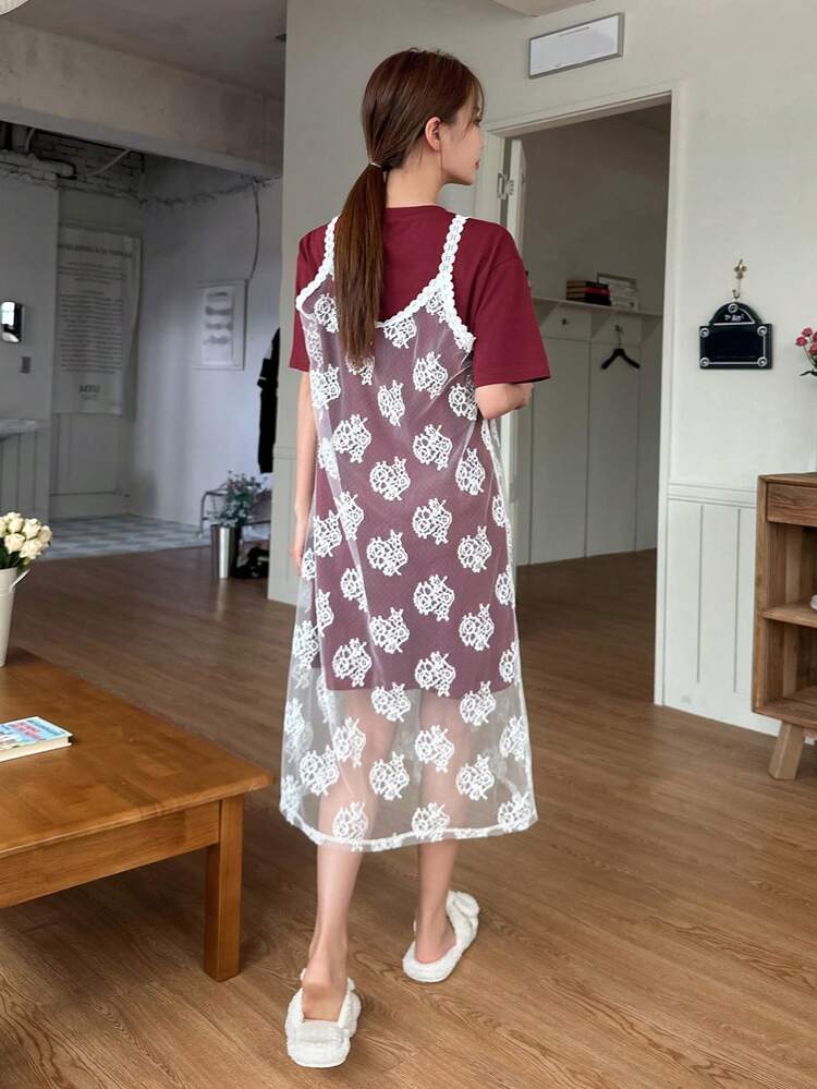 2pcs Comfortable Minimalist T-Shirt Dress And See-Through Lace Strap Dress Combination Sleepwear Set Pajama