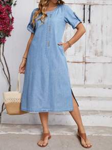 EMERY ROSE Women's Simple Solid Color Denim Dress For Daily Wear - Blue - View 1