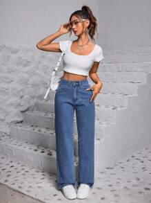 SHEIN EZwear 高腰直筒牛仔褲 - 中等水洗藍 - 查看 4