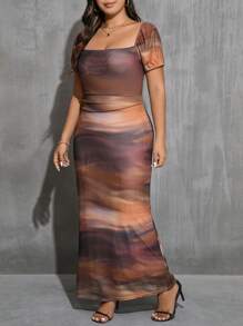 SHEIN Essnce 女士大尺碼雙穿V領印染多色連衣裙 - 彩色 - 查看 6