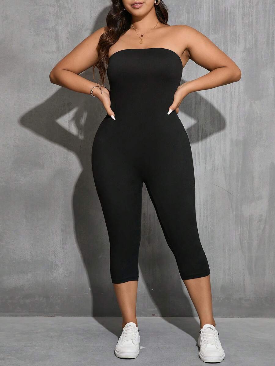 SHEIN Essnce Bộ áo liền quần quây thông thường mùa hè cỡ lớn dành cho nữ - màu đen - Xem 1