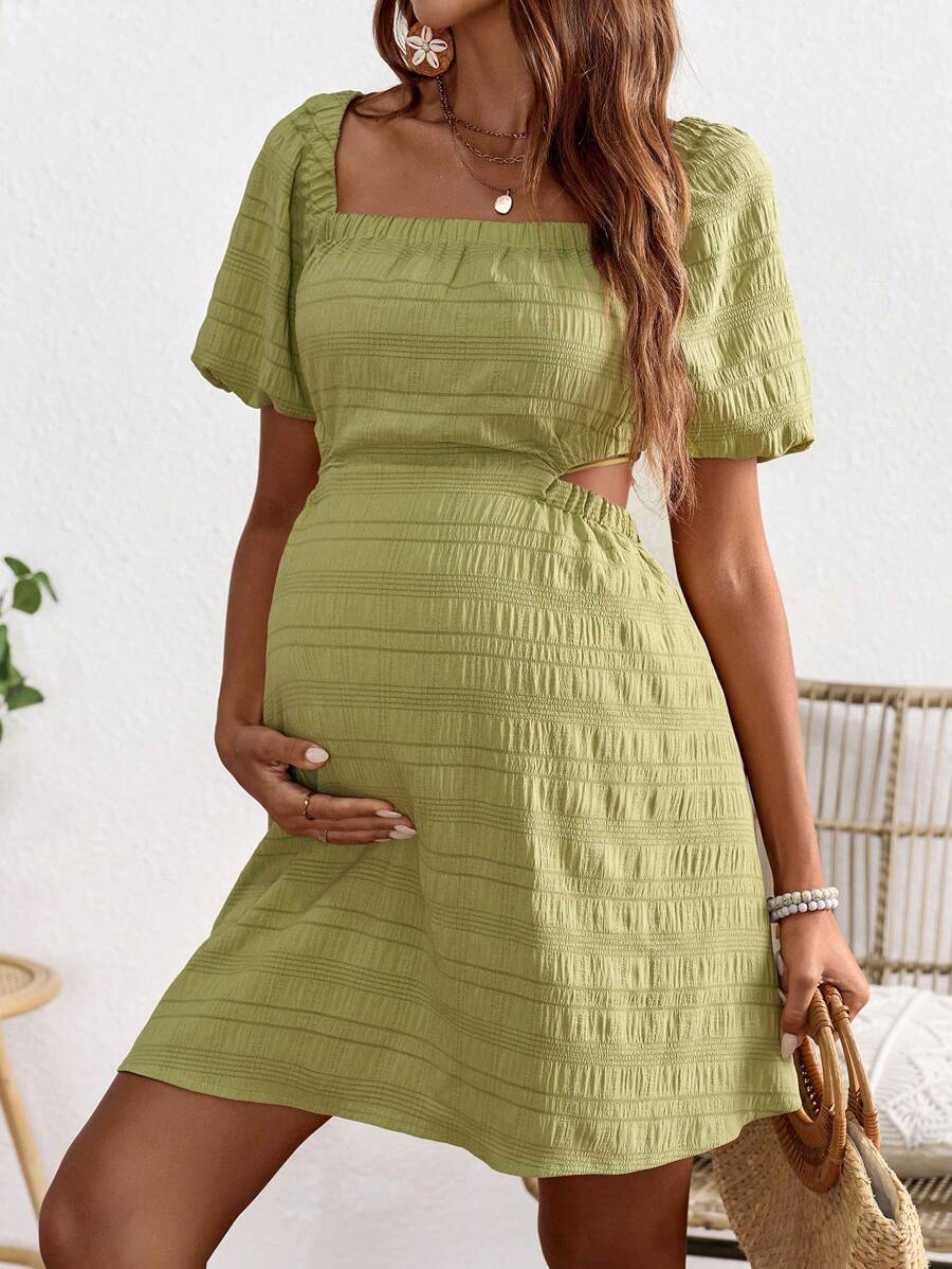 SHEIN Vestito da Maternità Elegante Per La Gravidanza Con Maniche a Palloncino, Schiena Scavata E Gonna Aderente Alla Vita per le Vacanze - Verde - Visualizzare 1