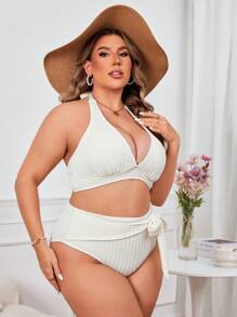 SHEIN Swim Curve Plus Size Solid Color Simple Halter Backless Bikini Set And Tie Side Bikini Set Bottom Set Summer Beach